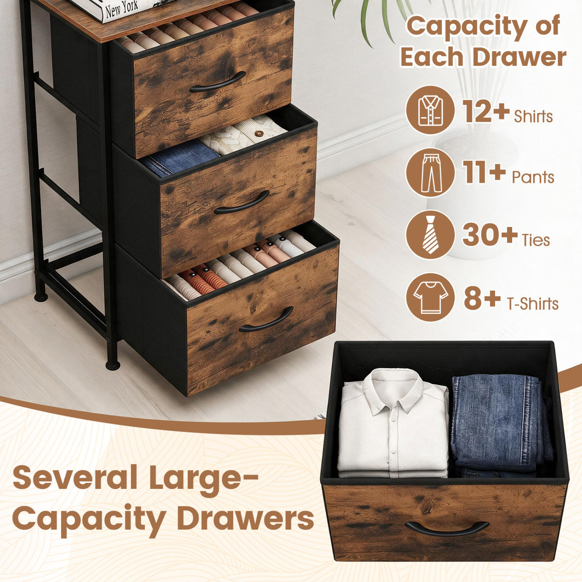 Dresser Nightstand with Roomy Fabric Drawers for Bedroom Storage Cabinet with Metal Frame-Brown