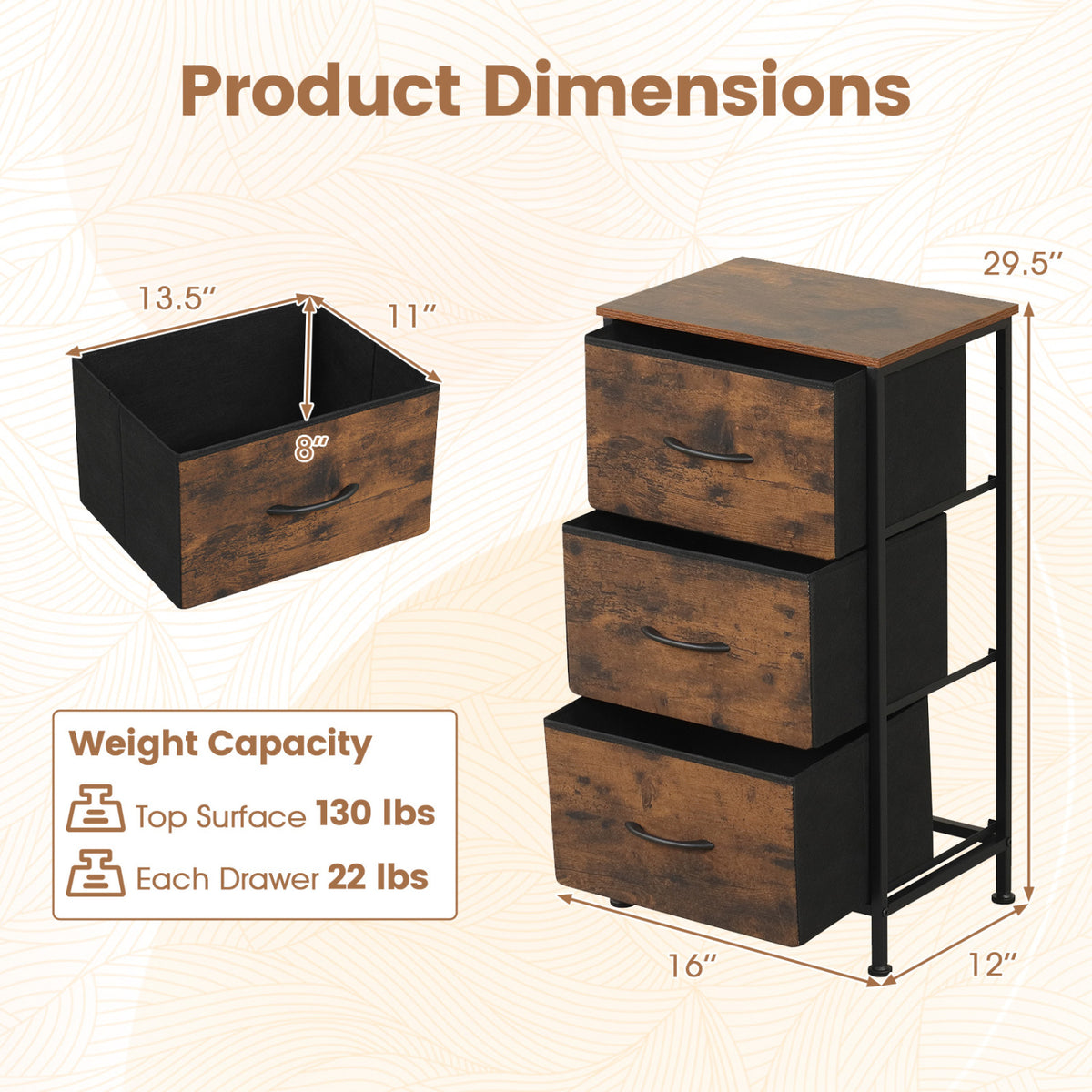 Dresser Nightstand with Roomy Fabric Drawers for Bedroom Storage Cabinet with Metal Frame-Brown