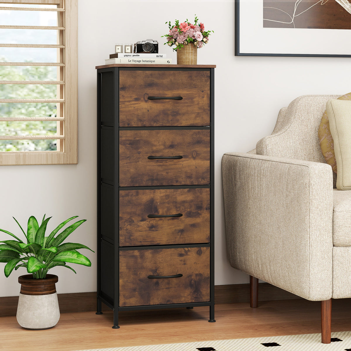 Dresser Nightstand with 4 Roomy Fabric Drawers and Metal Frame-Brown