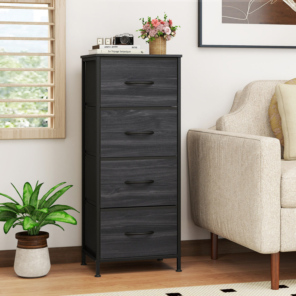 Dresser Nightstand with 4 Roomy Fabric Drawers and Metal Frame-Charcoal Black