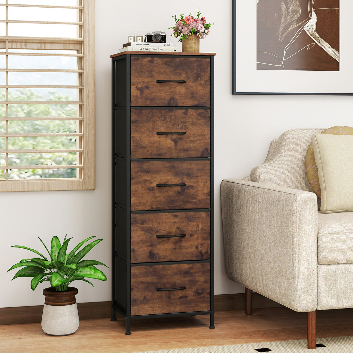 Dresser Nightstand with 5 Roomy Fabric Drawers for Bedroom-Rustic Brown