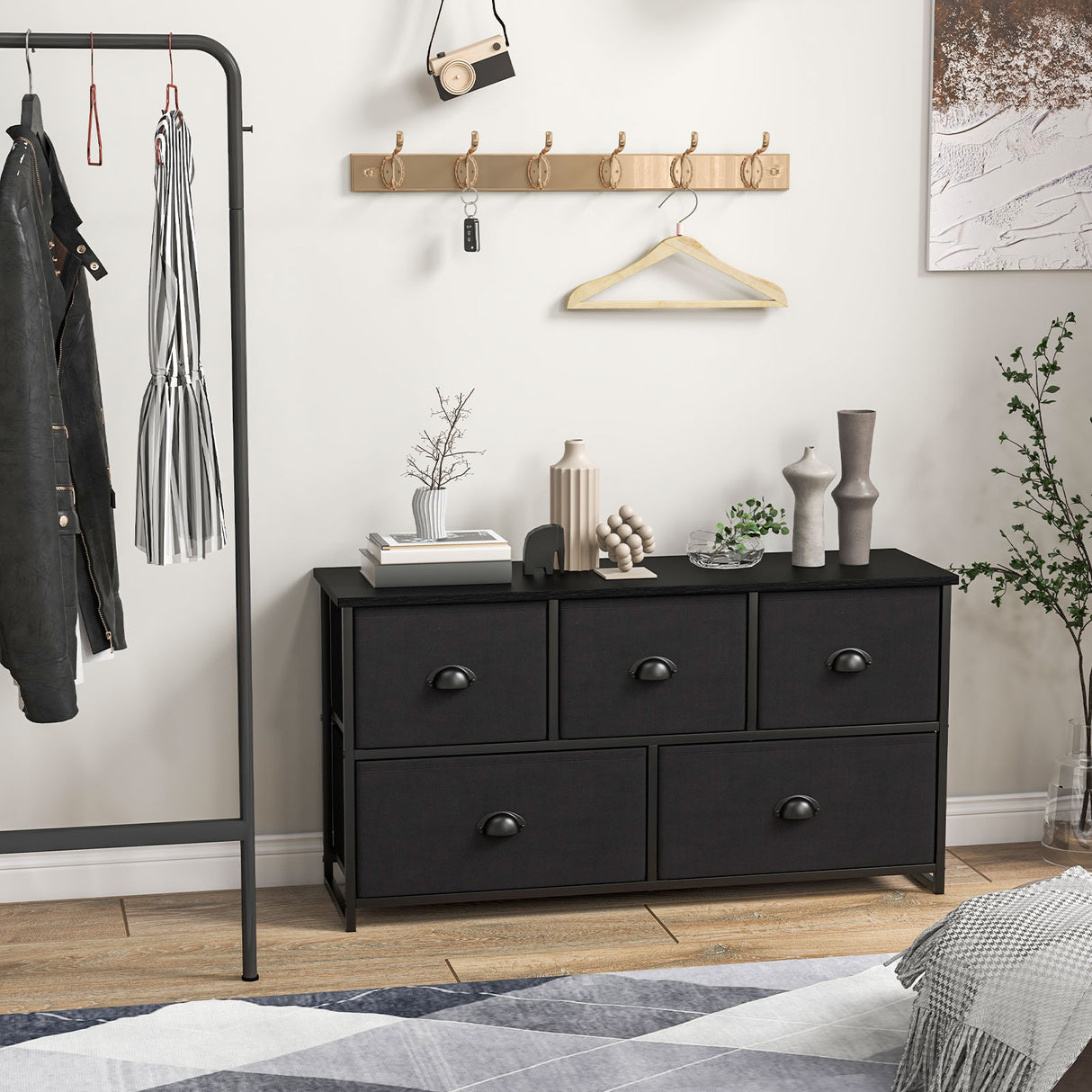 Dresser Storage Tower with 5 Foldable Cloth Storage Cubes-Black