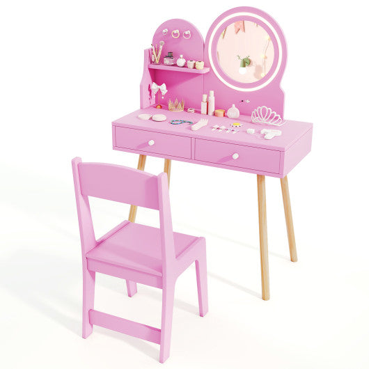 Kids Princess Makeup Dressing Desk and Chair Set with Mirror and Lights-Pink