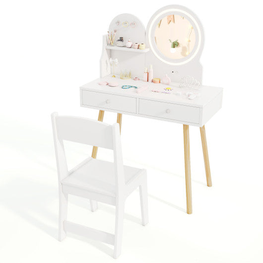 Kids Princess Makeup Dressing Desk and Chair Set with Mirror and Lights-White