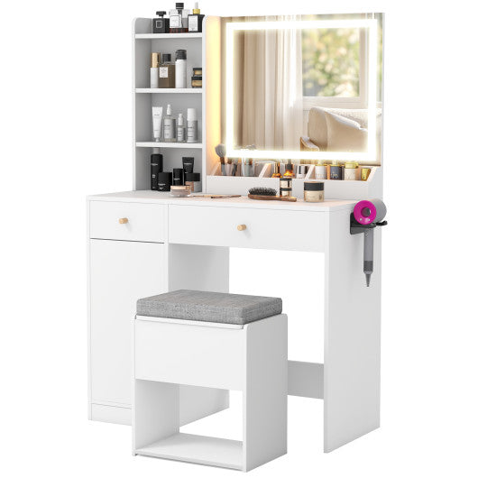 Vanity Dressing Table and Chair Set with Mirror and Lights-White