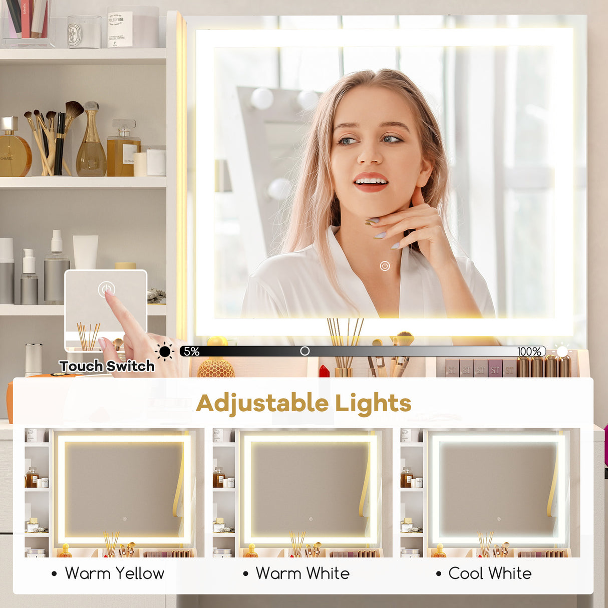 Vanity Dressing Table and Chair Set with Mirror and Lights-White
