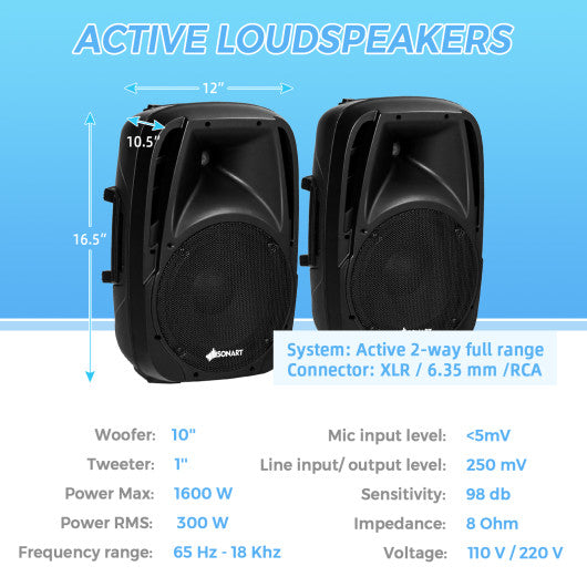 Dual 10 Inch 1600W Powered Mic Speaker Speakers with Bluetooth