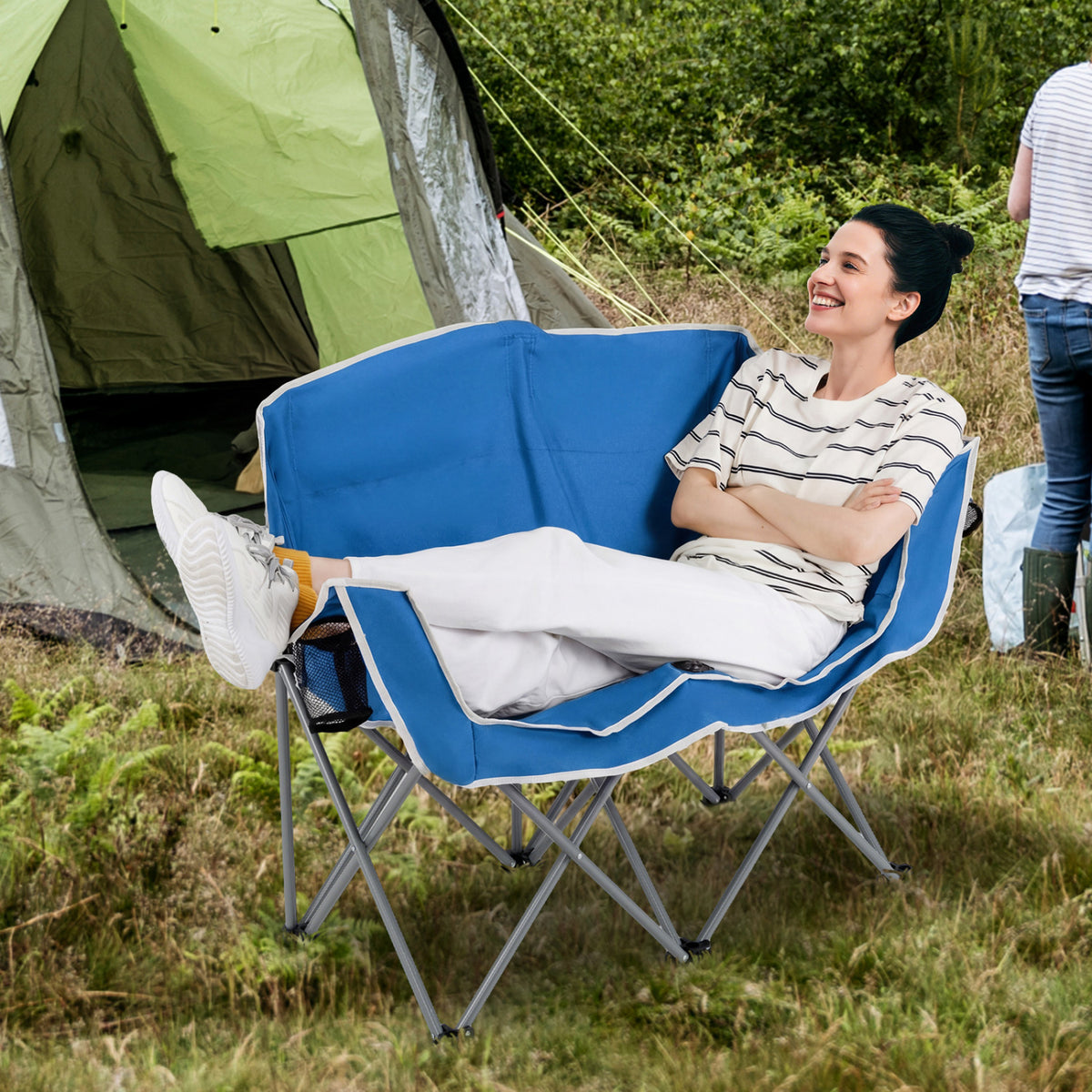 Duo Camping Chair Portable Oversized Loveseat with Armrests and Cup Holders-Blue