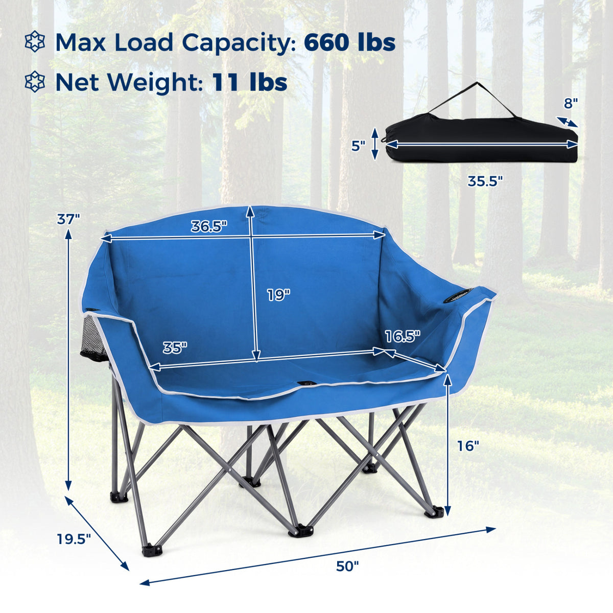 Duo Camping Chair Portable Oversized Loveseat with Armrests and Cup Holders-Blue