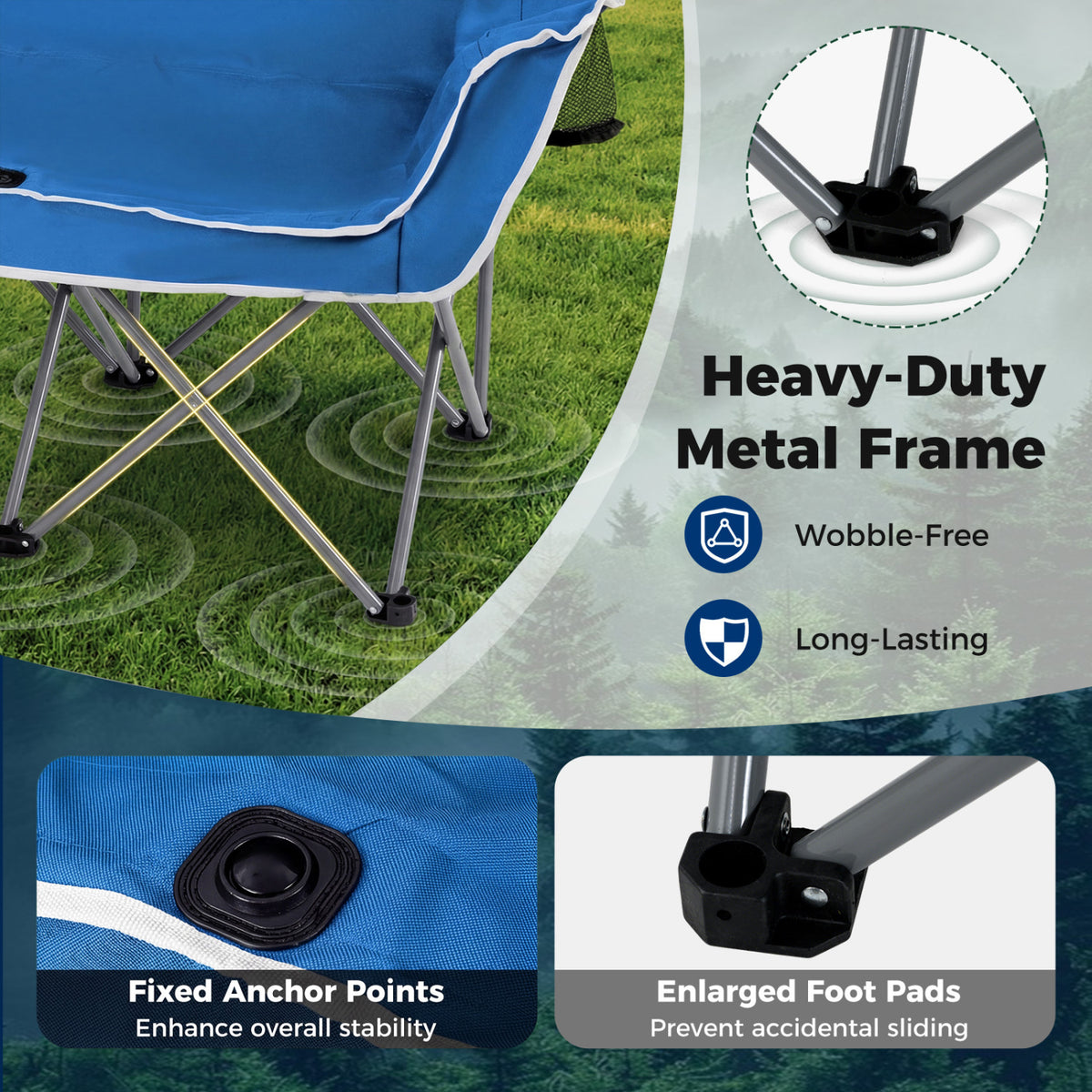 Duo Camping Chair Portable Oversized Loveseat with Armrests and Cup Holders-Blue