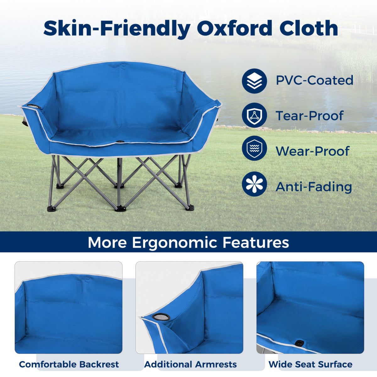 Duo Camping Chair Portable Oversized Loveseat with Armrests and Cup Holders-Blue