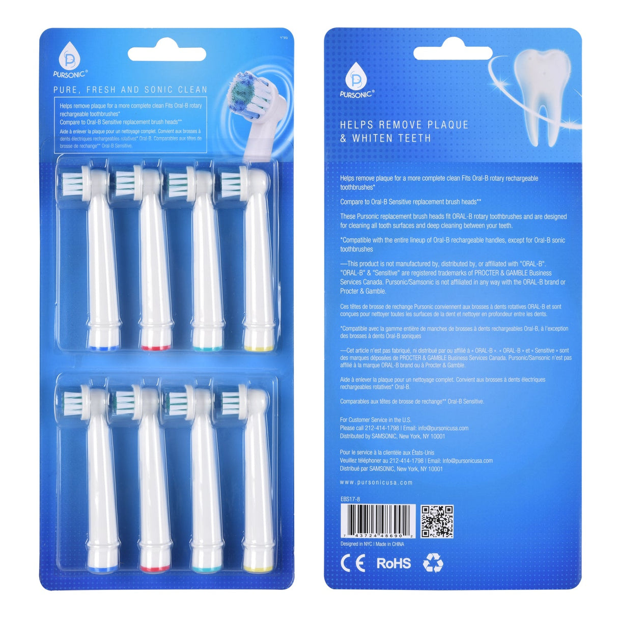 Pursonic 8 Pack Power Sensitive Replacement Brush Heads for Oral-B, 8 Count by Pursonic