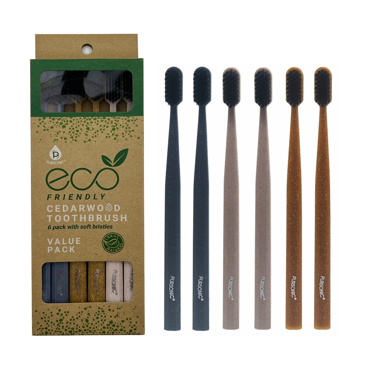 Pursonic Eco Essentials Bundle: 3 Packs of 100% Cedarwood Toothbrushes (6-Pack Each) – 18 Natural, Sustainable Toothbrushes for the Whole Family
