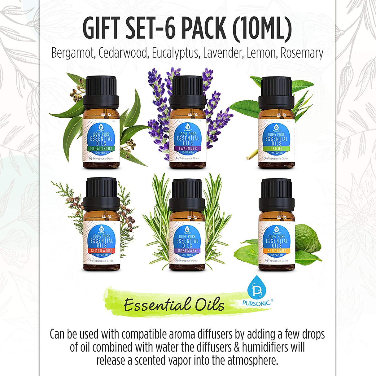6 Pack of 100% Pure Essential Aromatherapy Oils by Pursonic
