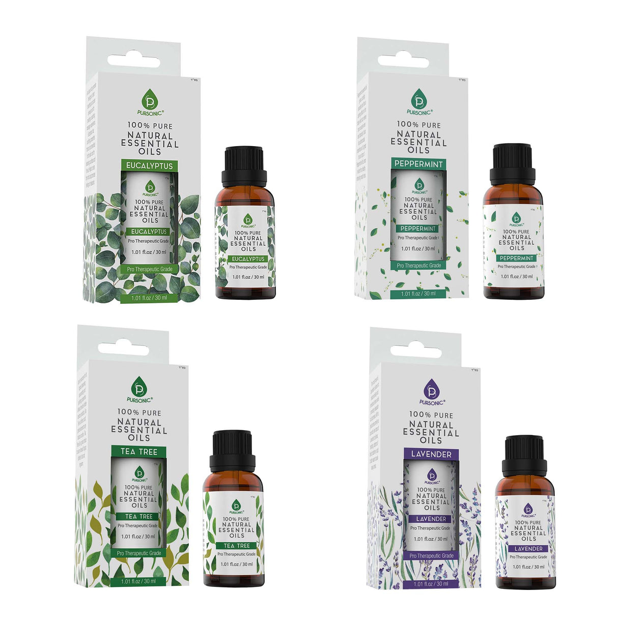 Pursonic 4-Pack Pure & Natural Essential Oils Collection – Eucalyptus, Lavender, Tea Tree, and Peppermint by Pursonic