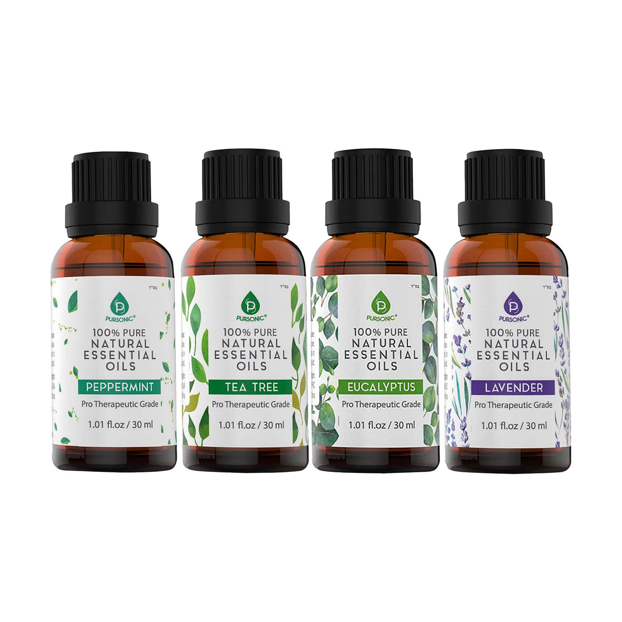 Pursonic 4-Pack Pure & Natural Essential Oils Collection – Eucalyptus, Lavender, Tea Tree, and Peppermint by Pursonic