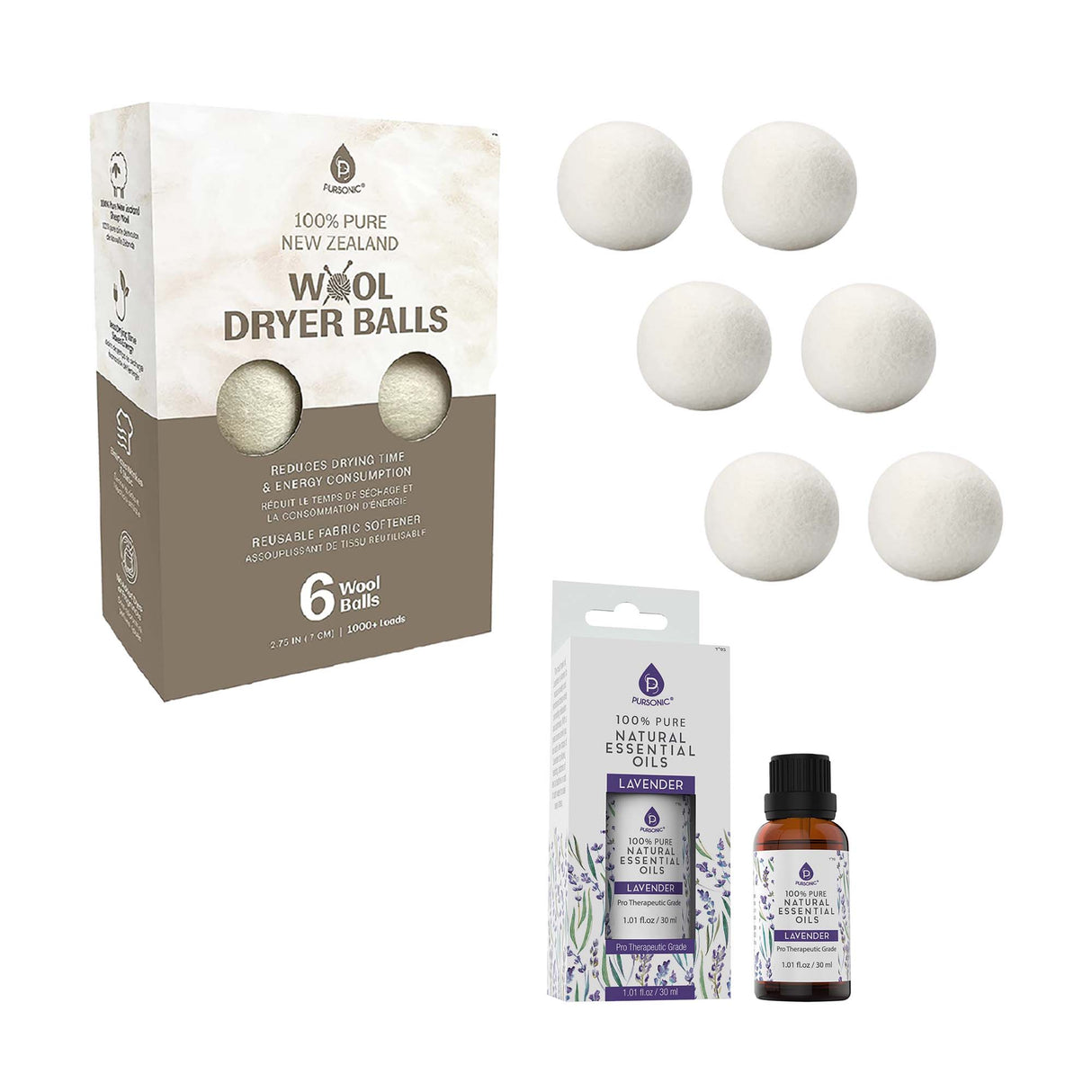 Pursonic Laundry Care Bundle – Wool Dryer Balls & Essential Oil Set by Pursonic