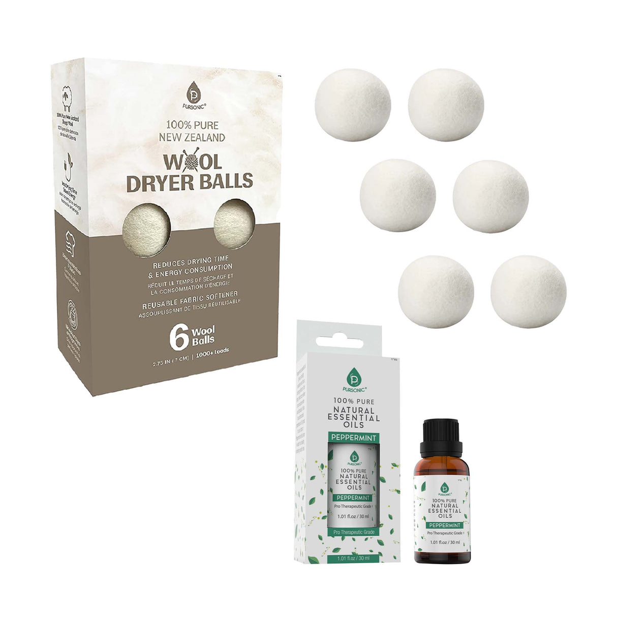 Pursonic Laundry Care Bundle – Wool Dryer Balls & Essential Oil Set by Pursonic