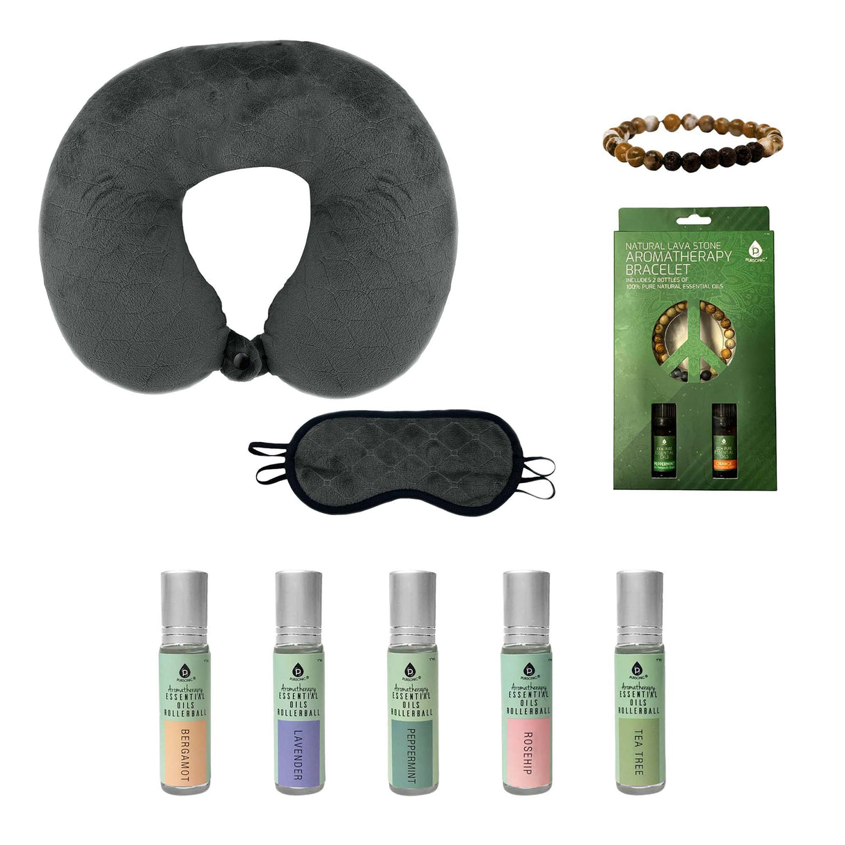 Sleep Serenity Set: Pursonic Aromatherapy Essential Oils Rollerballs, Lava Stone Bracelet, and Memory Foam Travel Pillow with Sleep Mask by Pursonic
