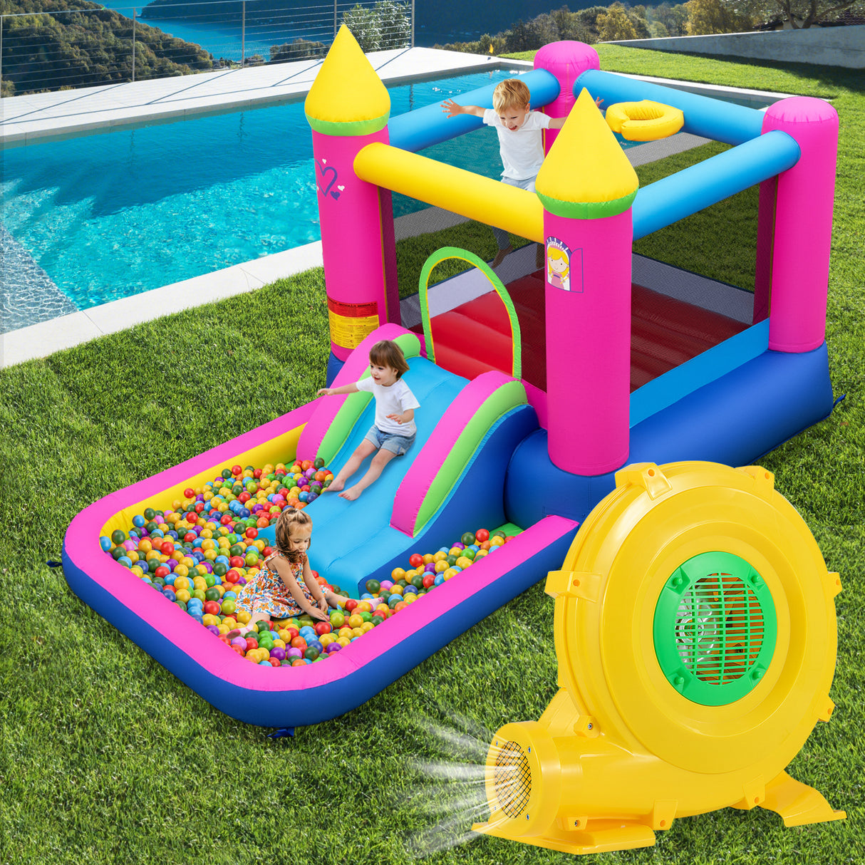 780W Bounce House Blower 1 HP Portable Air Pump Fan with Handle and Ground Stakes