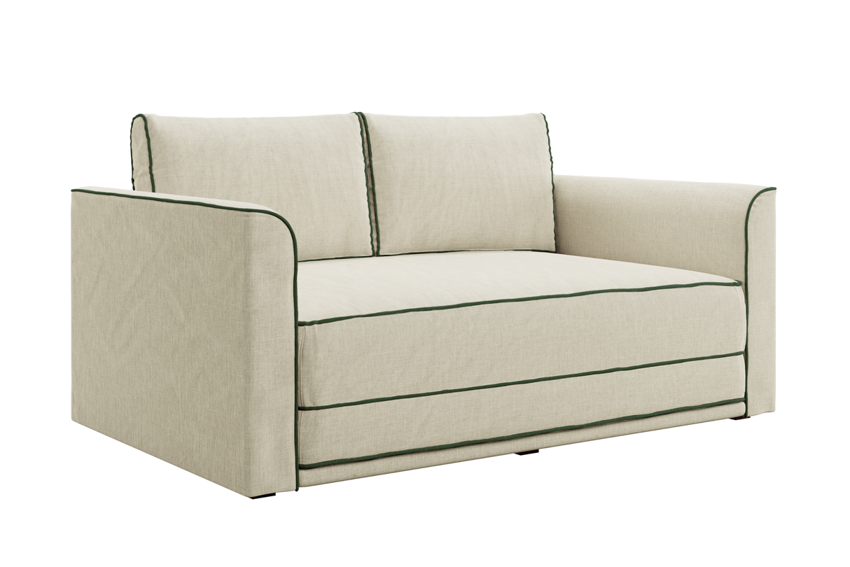 The Eclipse Sofa in Hemp is a beige loveseat with dark green piping, featuring clean lines, plush seating, a modern boxy design, and two backrest cushions.