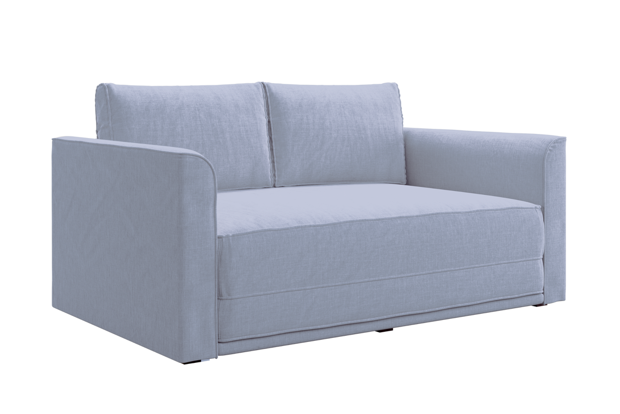 The Eclipse Sofa in Hemp is a light gray, modern two-seater with clean lines, square armrests, and matching back cushions.