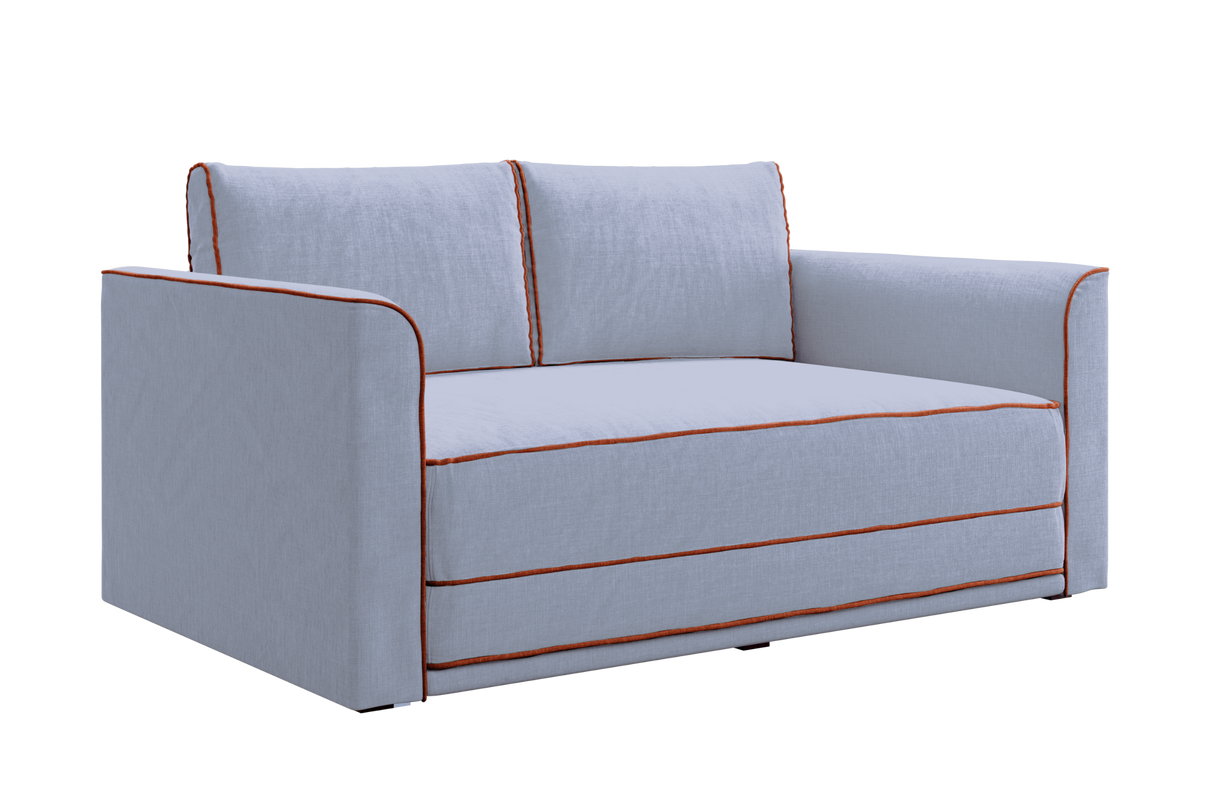 The Eclipse Sofa in Hemp is a light gray loveseat with orange piping, two back cushions, and wide armrests.