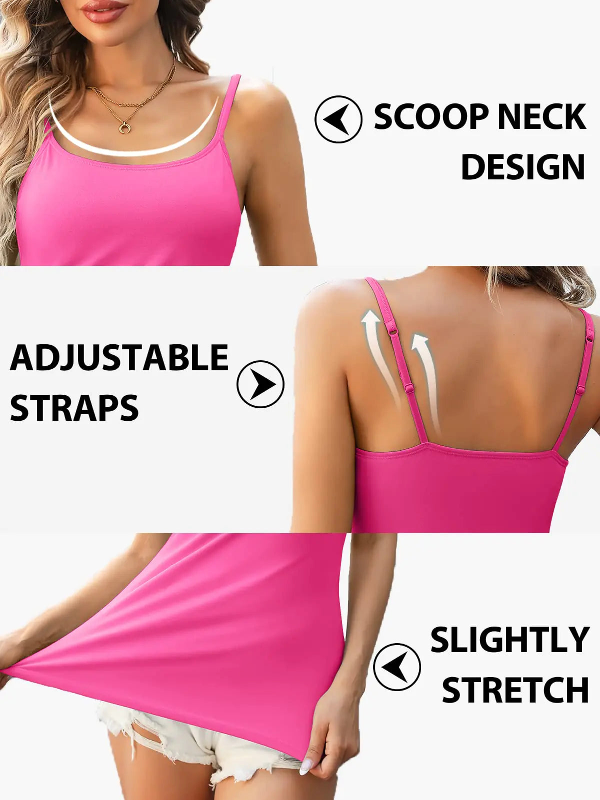 V FOR CITY Cotton Shelf Bra Camisoles Top for Women Adjustable Spaghetti Strap Tank Tops Basic Layer Camis 2 Pack Medium Black/Hot Pink