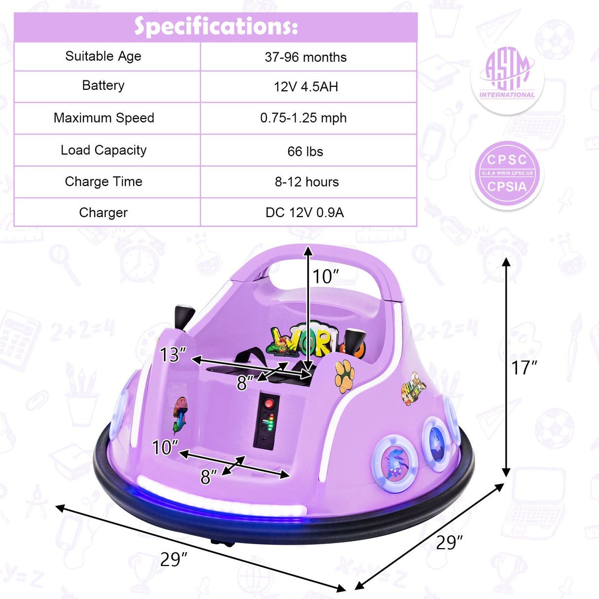 12V Electric Ride On Car with Remote Control and Flashing LED Lights-Purple