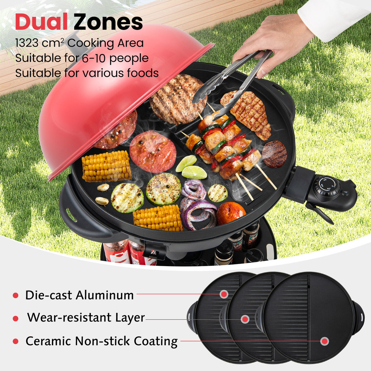Electric BBQ Grill 1200W Indoor Outdoor Grill with 2-Zone Non-Stick Grilling Plate-Red