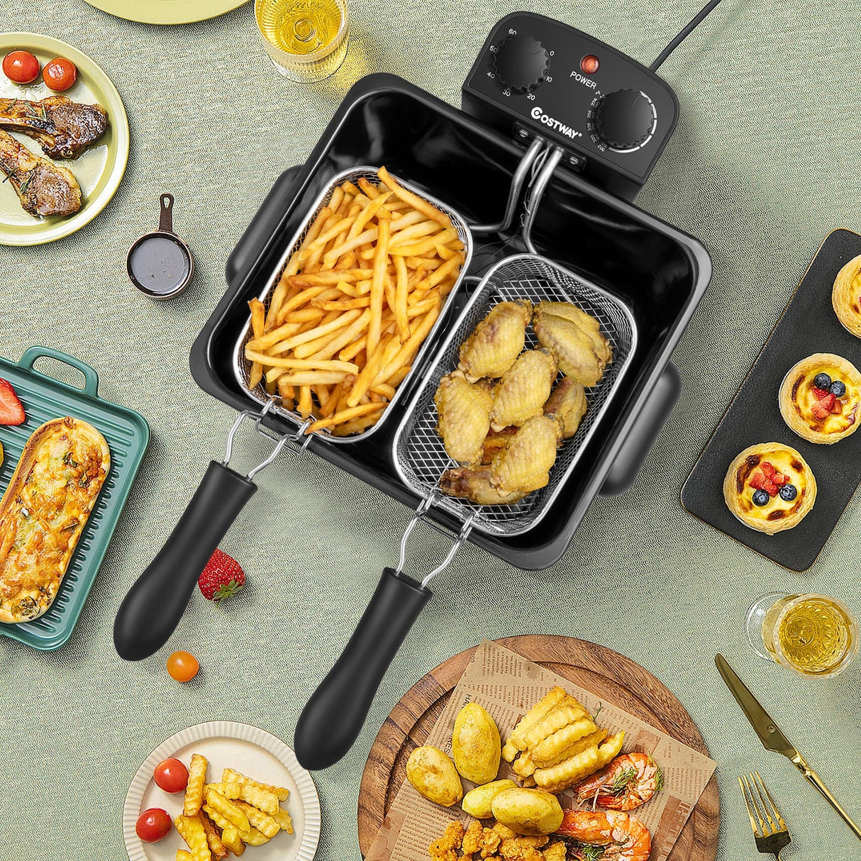 Electric Deep Fryer 5.3QT/21-Cup Stainless Steel 1700W with Triple Basket-Silver