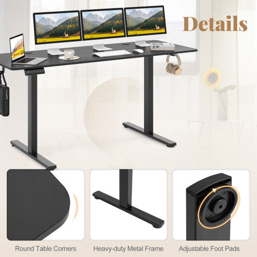Electric Standing Desk with 3 Memory Heights and 2 Hanging Hooks and Cable Holes-Black
