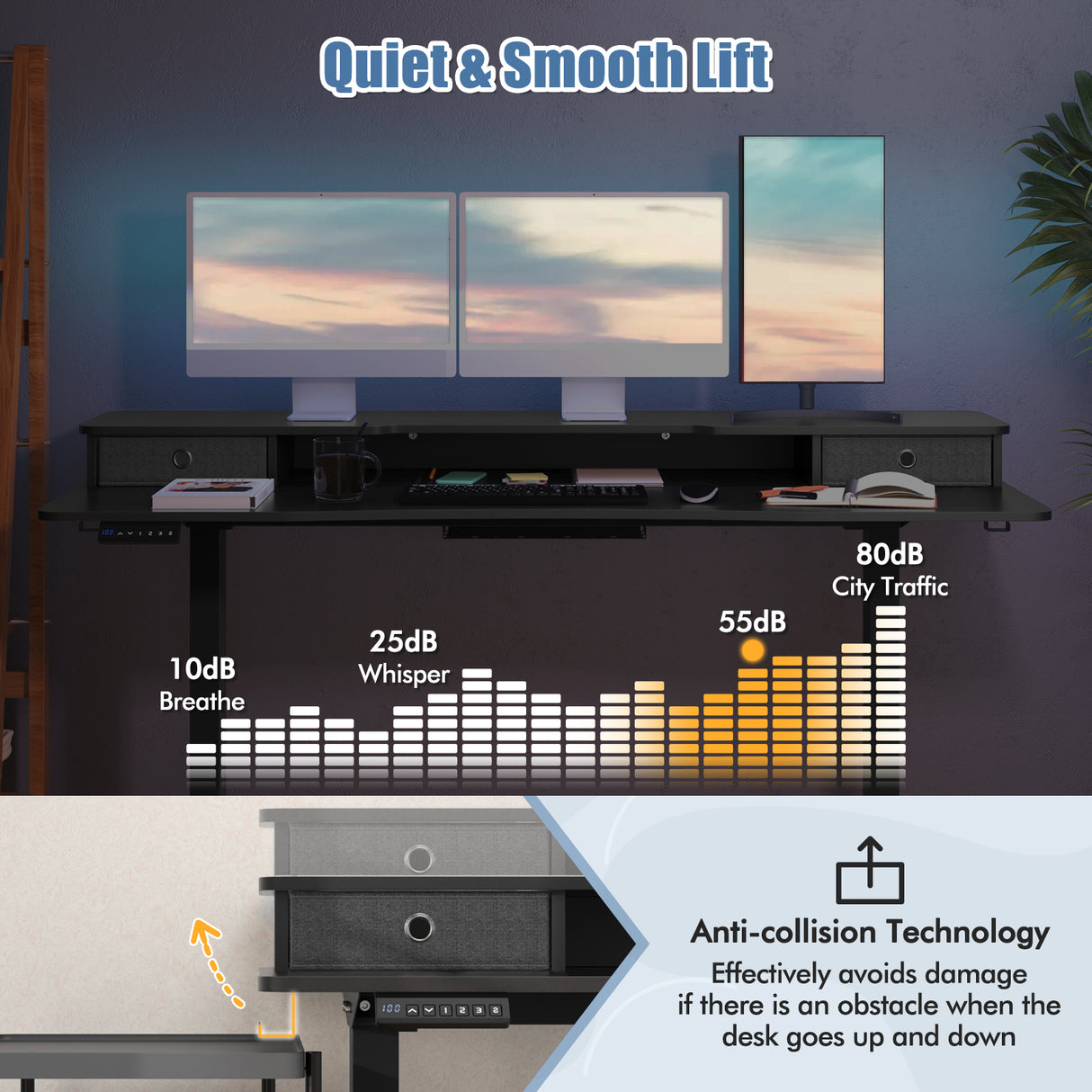 63 Inch x 24 Inch Electric Standing Desk with 2 Drawers-Black