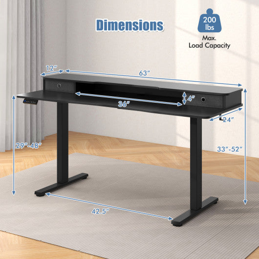 63 Inch x 24 Inch Electric Standing Desk with 2 Drawers-Black