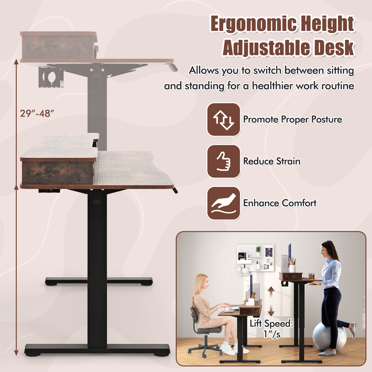 63 Inch x 24 Inch Electric Standing Desk with 2 Drawers-Rustic Brown