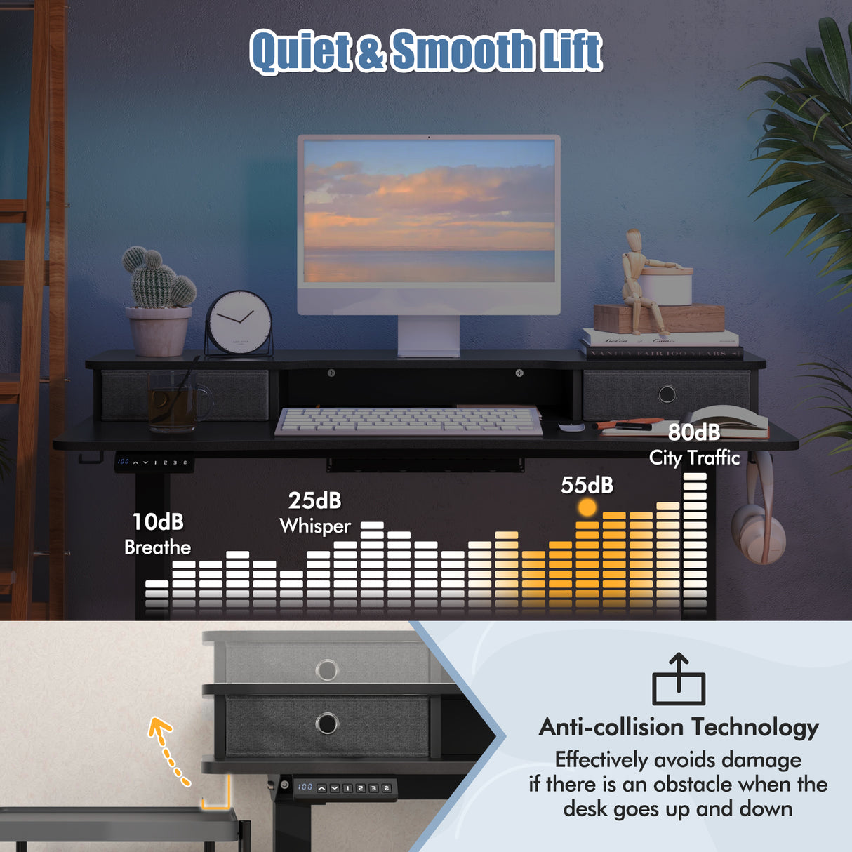 48 Inch x 24 Inch Height Adjustable Electric Standing Desk with 2 Drawers-Black