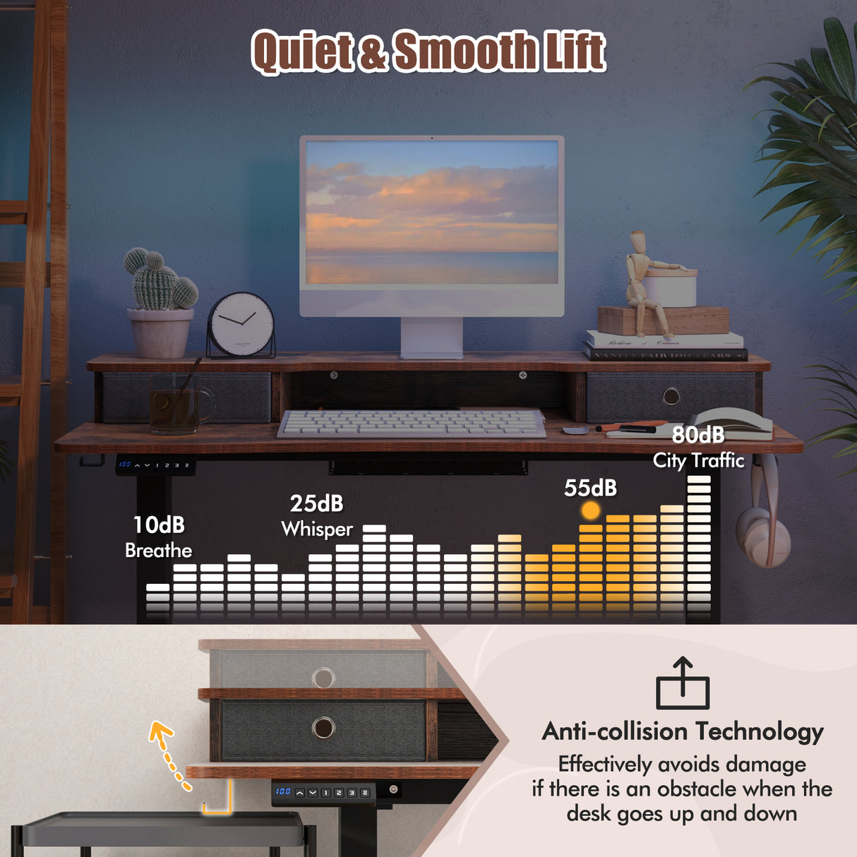 48 Inch x 24 Inch Height Adjustable Electric Standing Desk with 2 Drawers-Rustic Brown