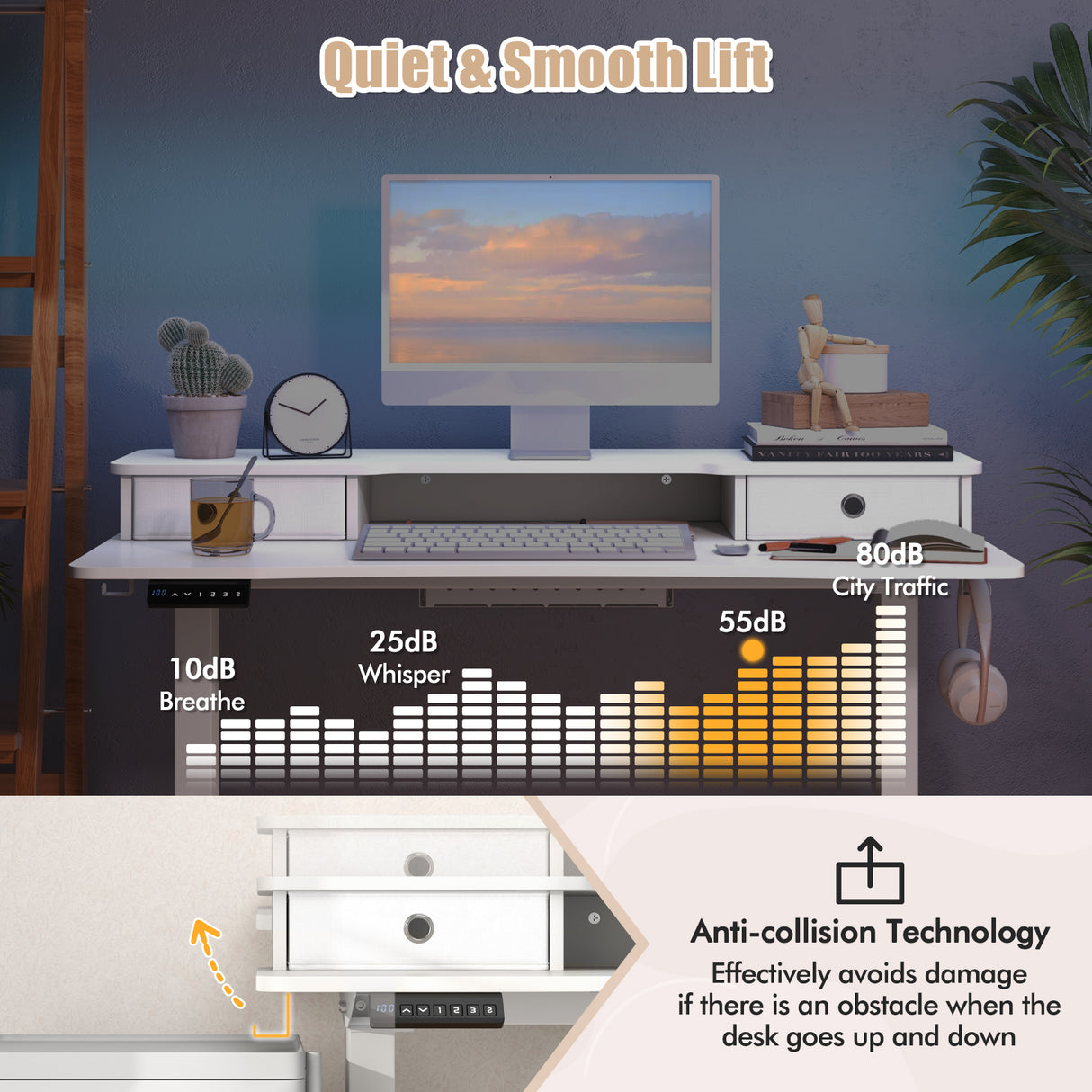 48 Inch x 24 Inch Height Adjustable Electric Standing Desk with 2 Drawers-White