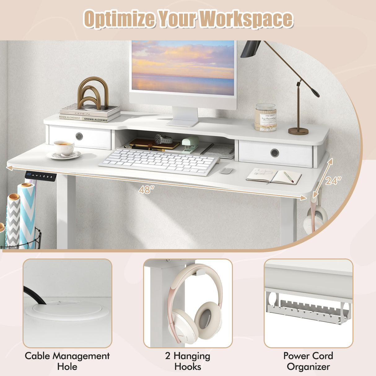 48 Inch x 24 Inch Height Adjustable Electric Standing Desk with 2 Drawers-White