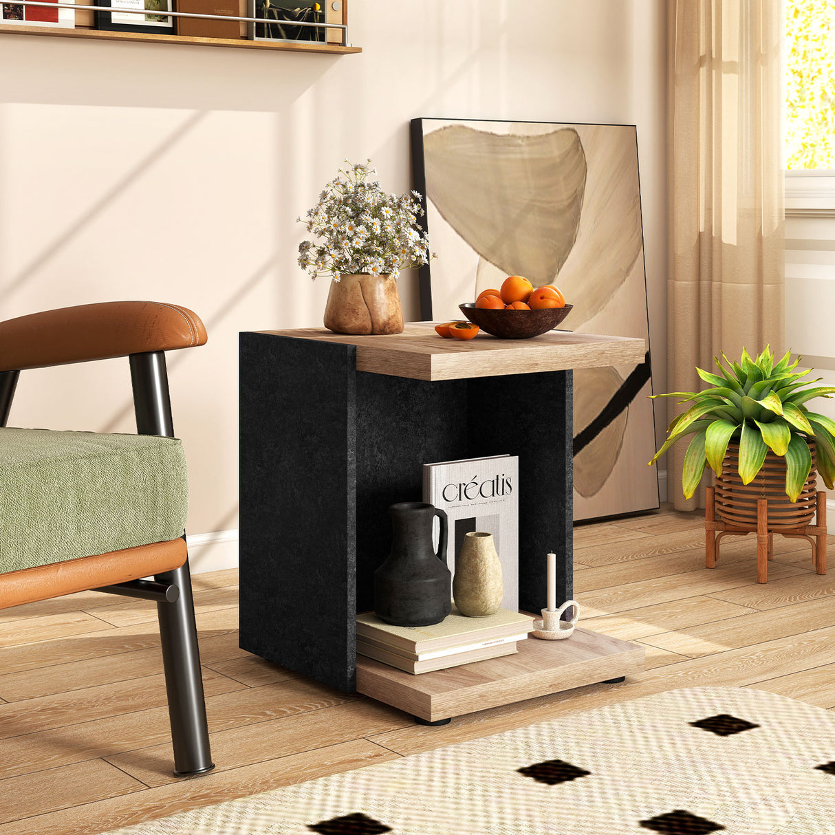 End Table 2-Tier Sofa Side Table with Open Storage Shelf-Oak