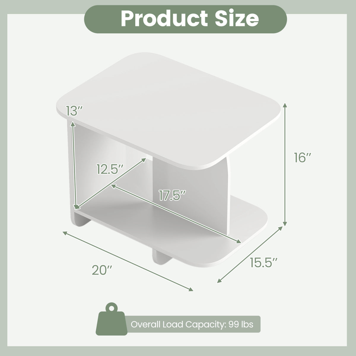 End Table 2-Tier Sofa Side Table with Storage Shelf for Small Space-White