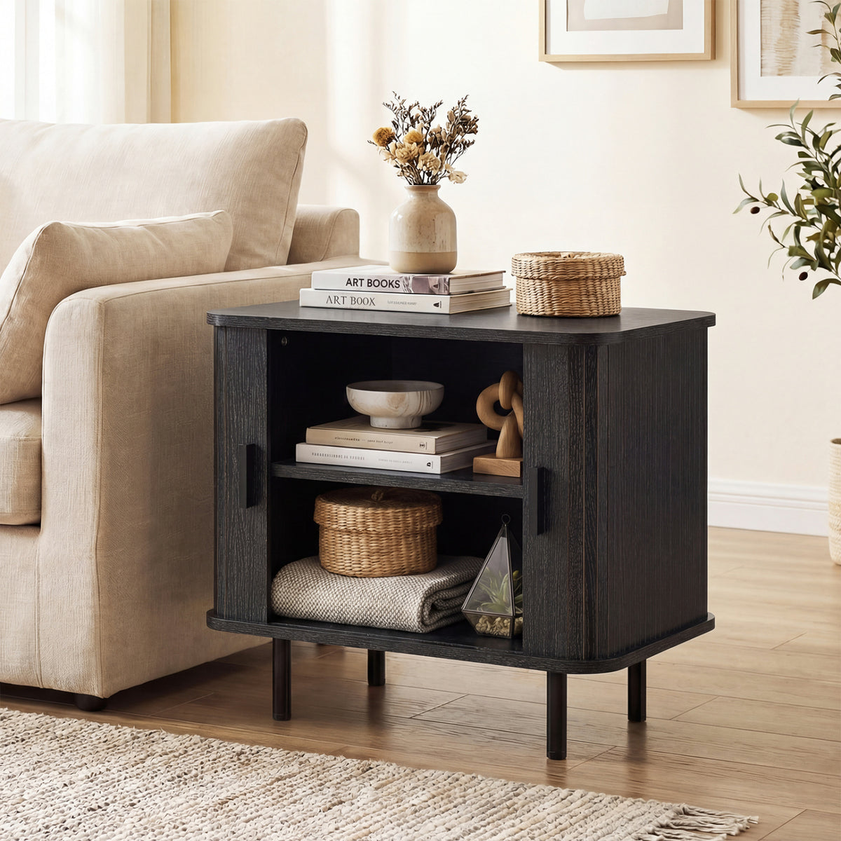 End Table Modern Mid Century Nightstand with Sliding Tambour Doors and Storage Shelf-Black