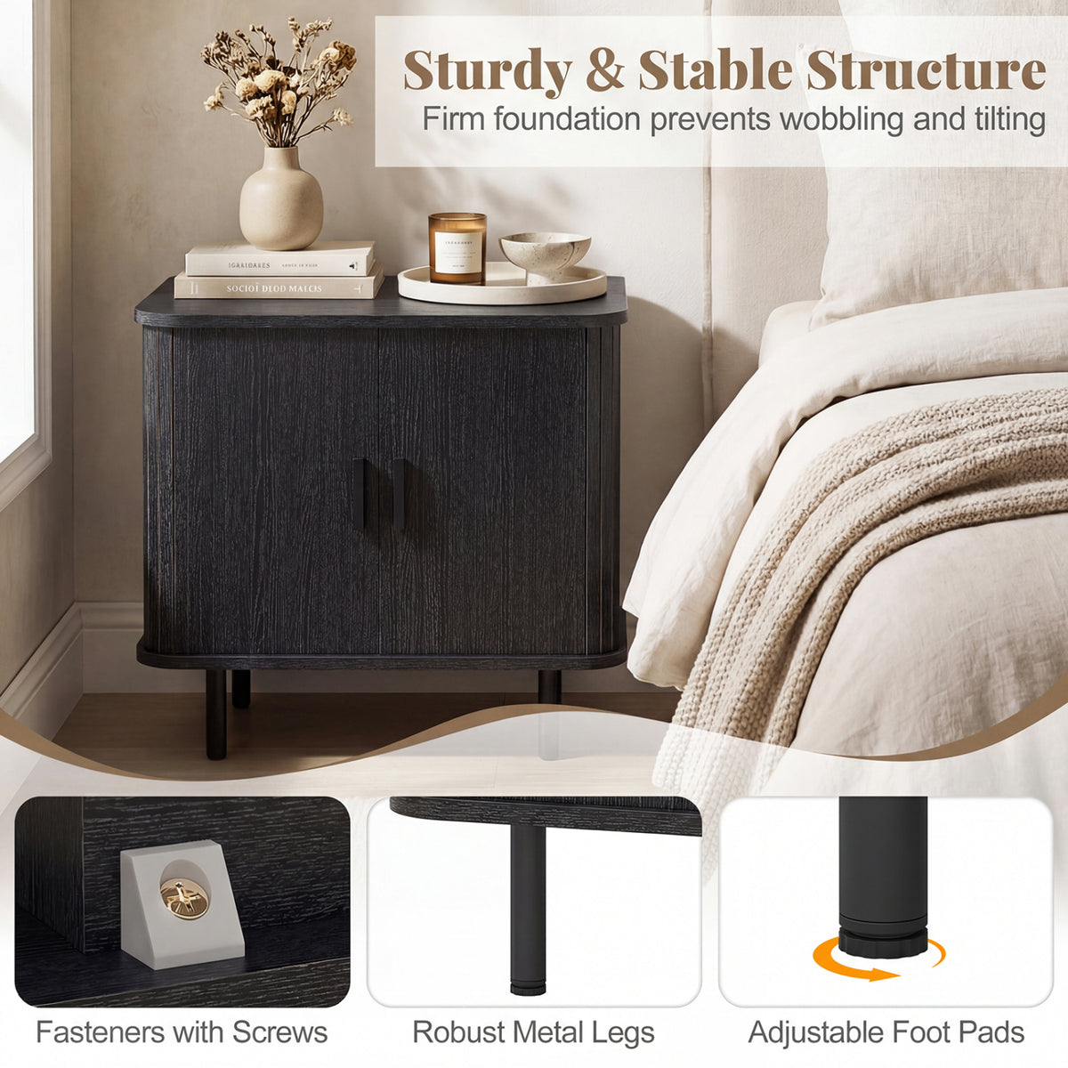 End Table Modern Mid Century Nightstand with Sliding Tambour Doors and Storage Shelf-Black