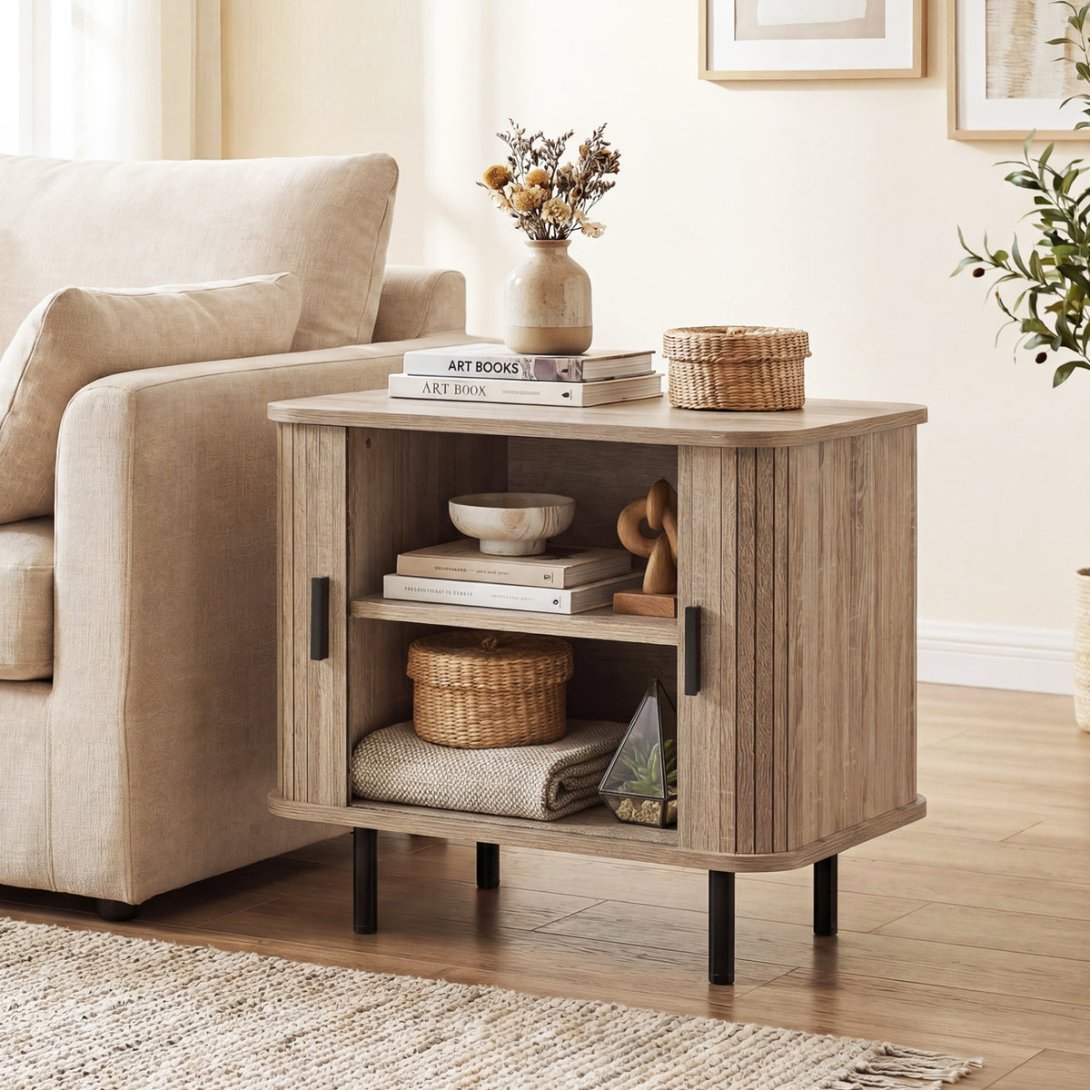 End Table Modern Mid Century Nightstand with Sliding Tambour Doors and Storage Shelf-Natural