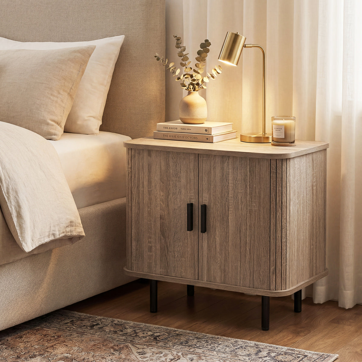 End Table Modern Mid Century Nightstand with Sliding Tambour Doors and Storage Shelf-Natural
