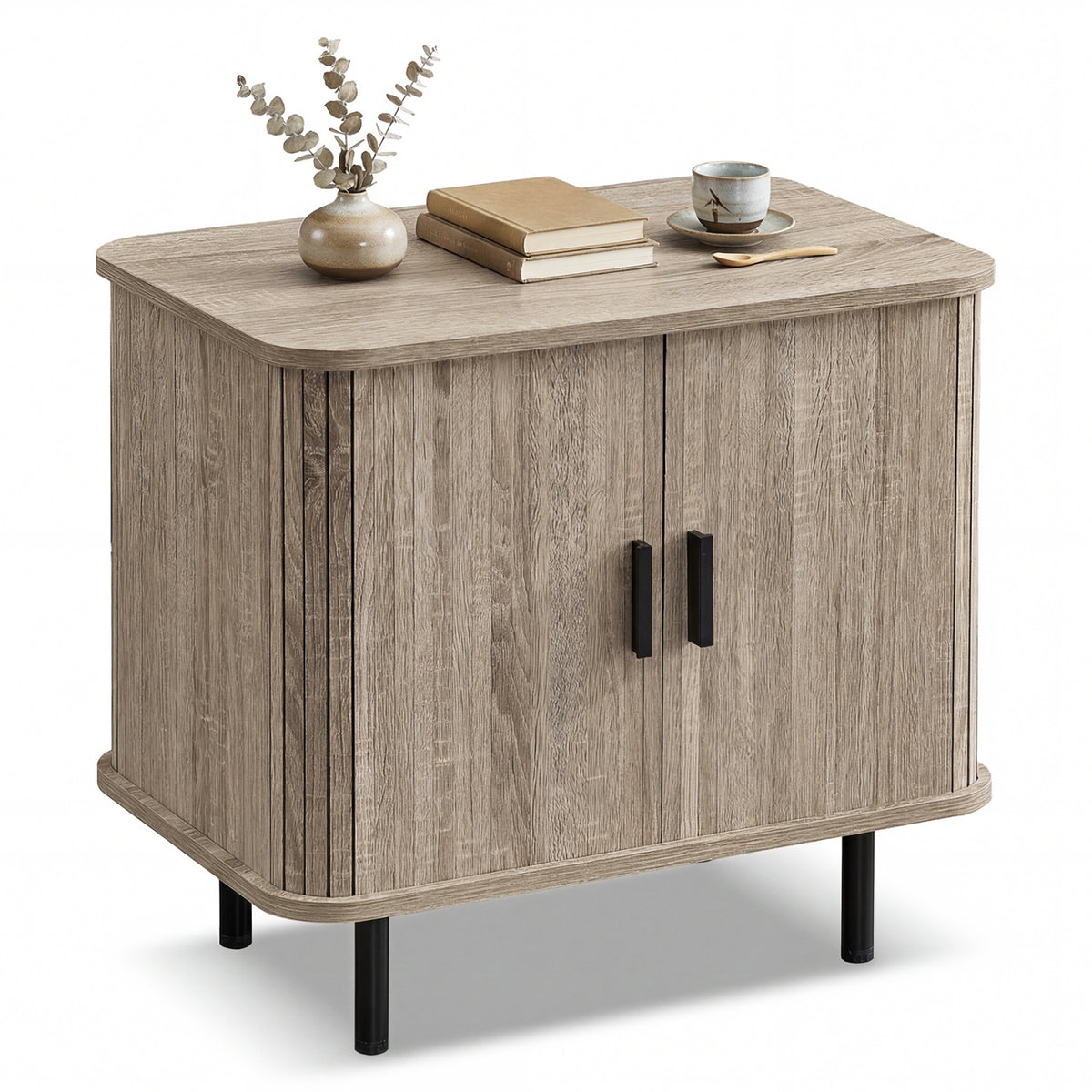 End Table Modern Mid Century Nightstand with Sliding Tambour Doors and Storage Shelf-Natural