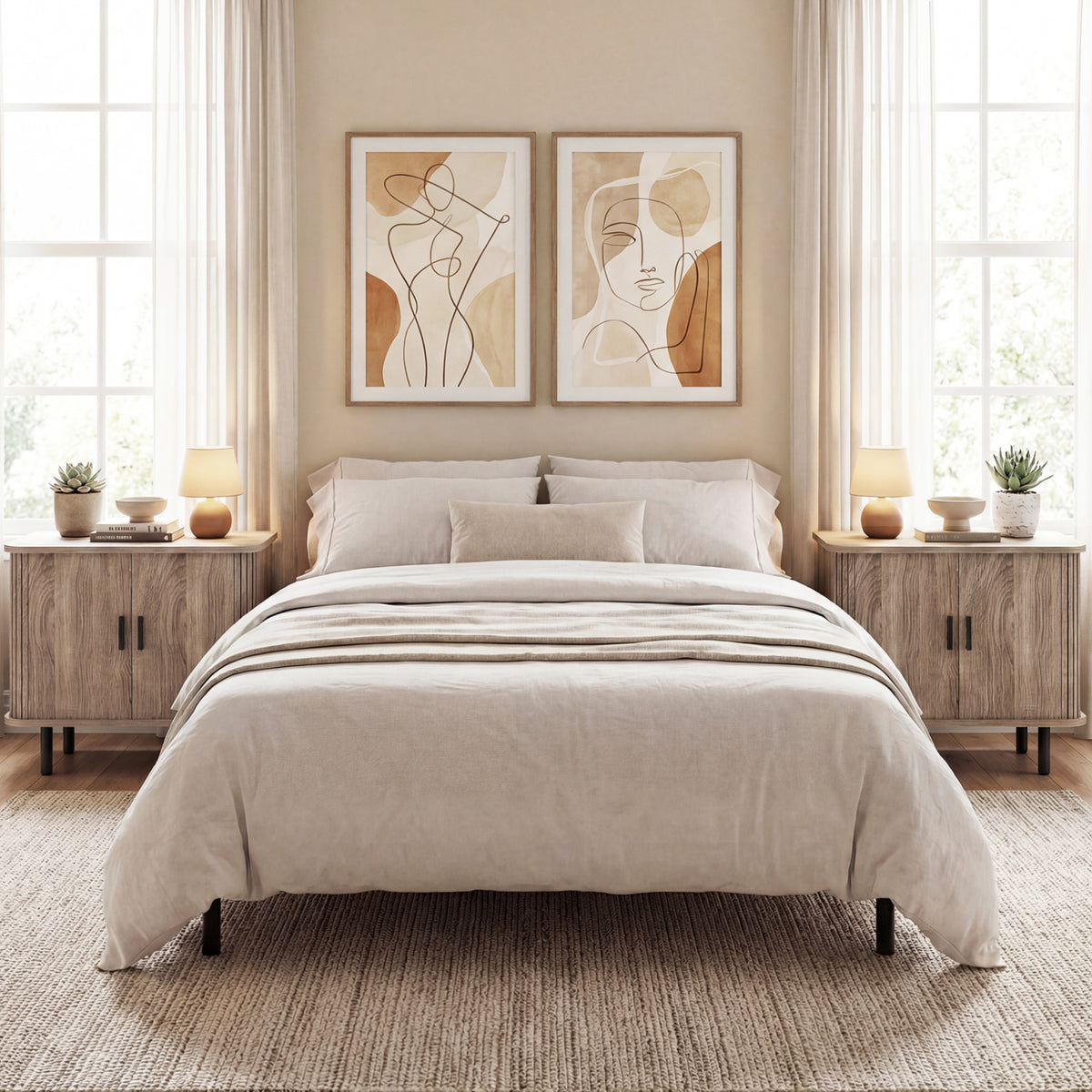 End Table Modern Mid Century Nightstand with Sliding Tambour Doors and Storage Shelf-Natural