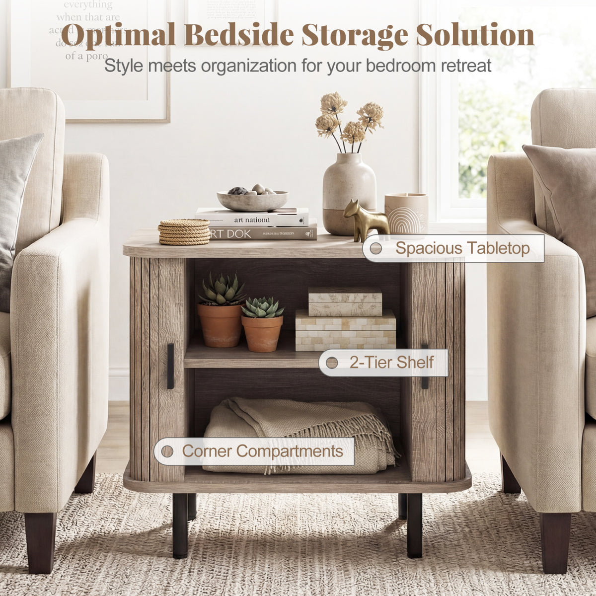 End Table Modern Mid Century Nightstand with Sliding Tambour Doors and Storage Shelf-Natural