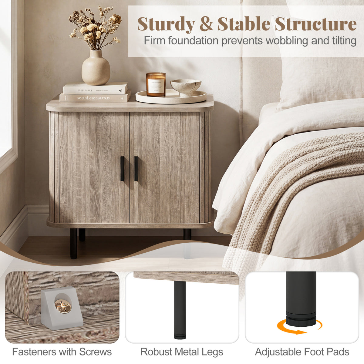 End Table Modern Mid Century Nightstand with Sliding Tambour Doors and Storage Shelf-Natural