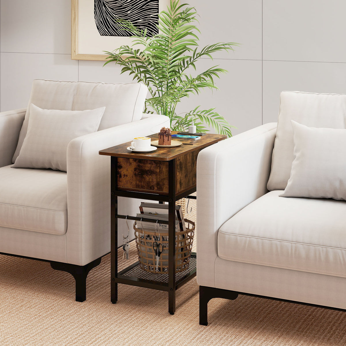 End Table with Charging Station USB Ports Outlets and Flip Top-Coffee